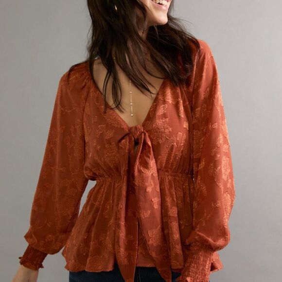 Women's Burnt Orange floral long sleeve blouse with tie front detail XS/S - Picture 1 of 7
